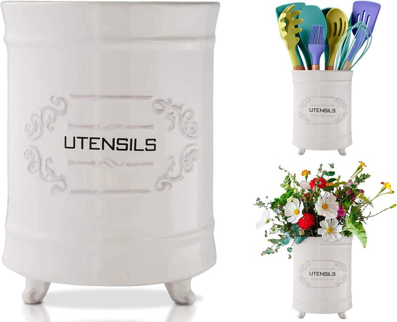 Comfify White Ceramic Utensil Holder – Vintage Style Kitchen Caddy – Shabby Chic Countertop Organizer – Rustic French Country Crock for Cooking Enthusiasts - Image 1